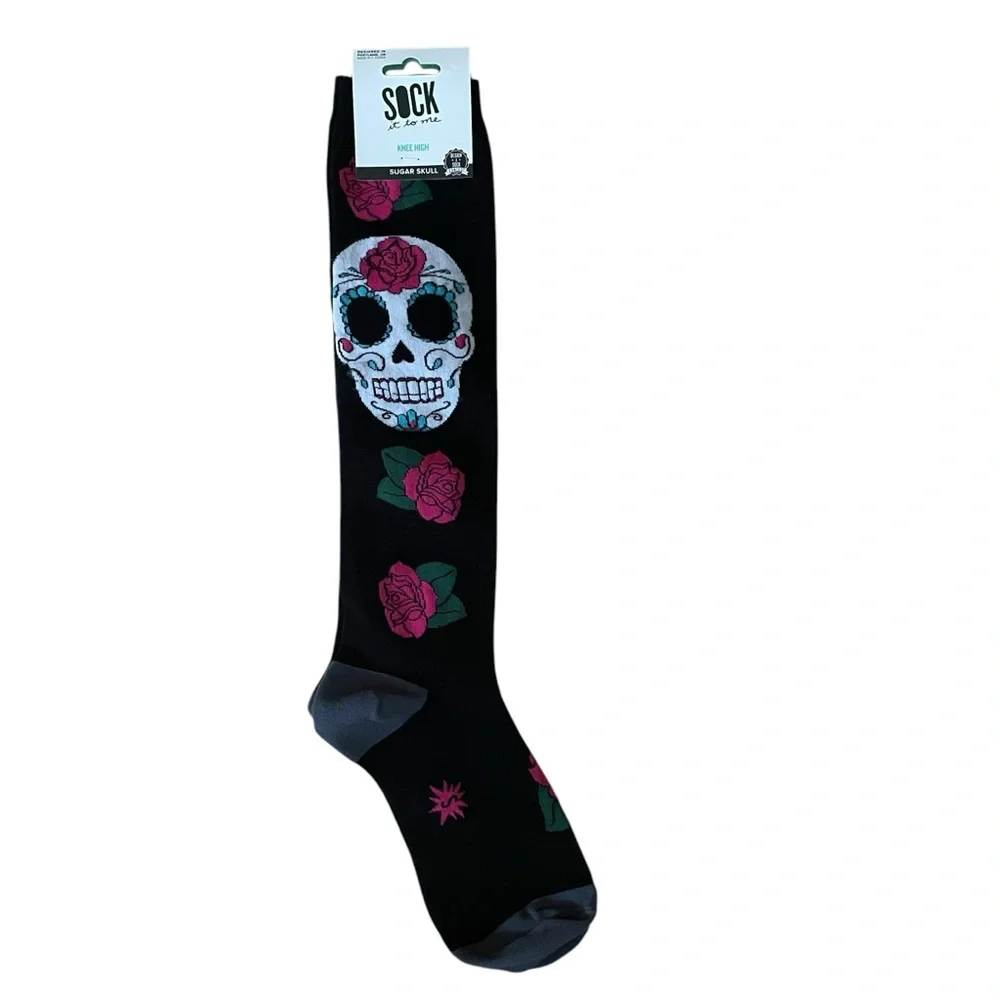 NWT Sugar Skull Knee High Socks - Black with Pink Roses